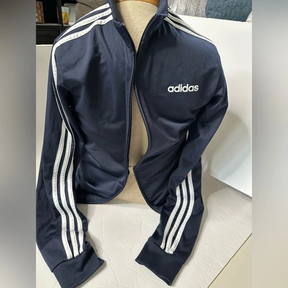 adidas Navy Blue Track Pocketed Classic Style Jacket with White Stripes - Picture 2 of 6